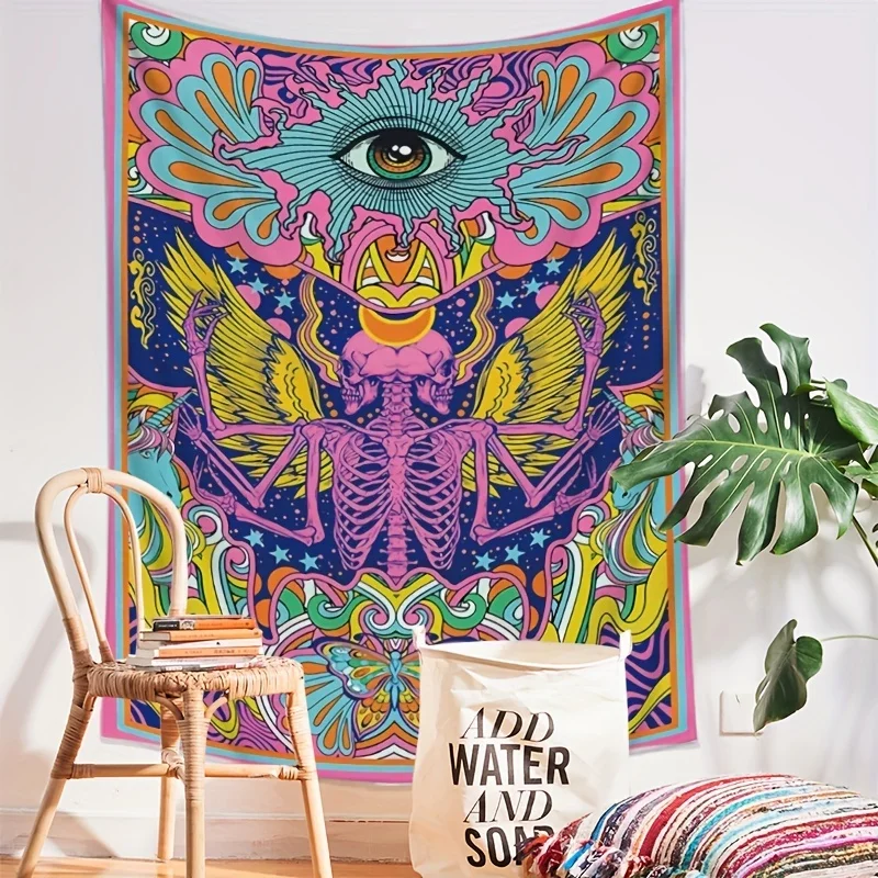 1pc Twin Skeleton Skull Angel Wings Butterfly Print Tapestry Home Decoration Wall Carpet Wall Decoration For Halloween