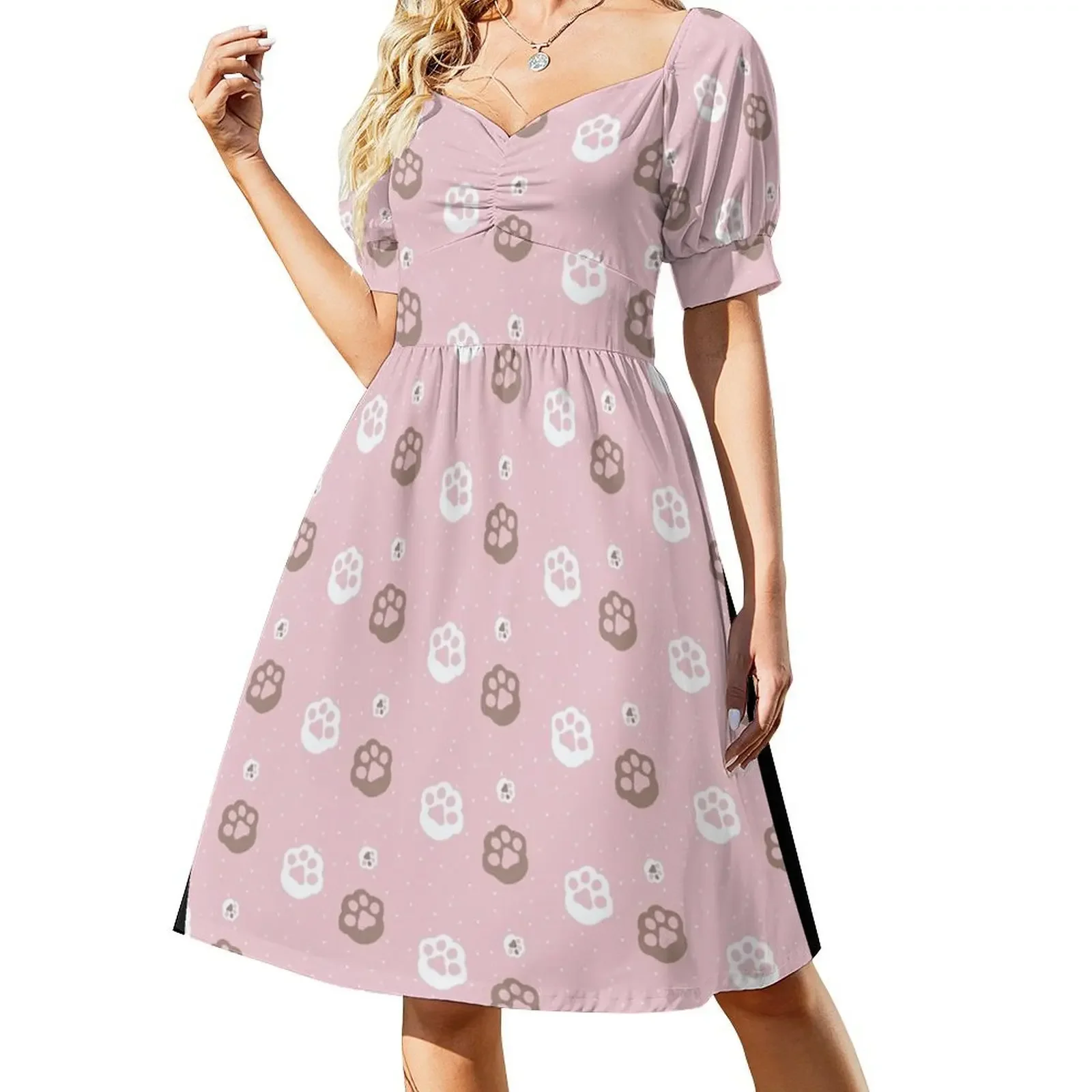 

Pretty Pastel Pink Paw Prints Short-Sleeved Dress women clothing 2025 new arrivals evening dress ladies