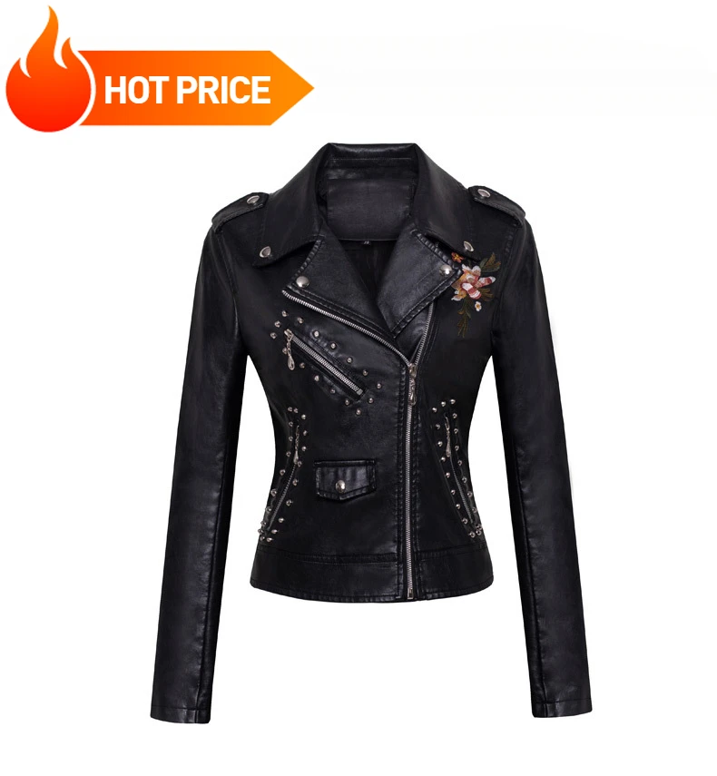 2025 New Embroidered Leather Jacket Women's Coat Slim Fit Short Embroidered Motorcycle Leather Jacket Women's Polo