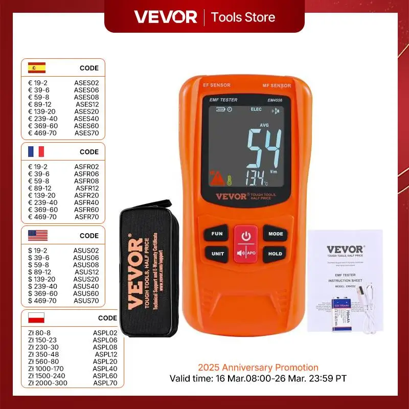 VEVOR 3-in-1 EMF Meter 5Hz-6GHz Handheld Rechargeable Electromagnetic Field Radiation Detector Digital LCD EMF Tester, Discount