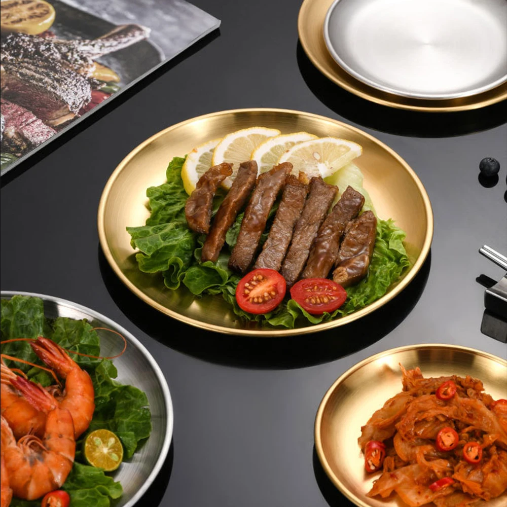 1Pc Stainless Steel Round Plate Bone Spitting Dish Shallow Tray Metal Camping Plate Dining Disc BBQ Picnic Dishes Cookware