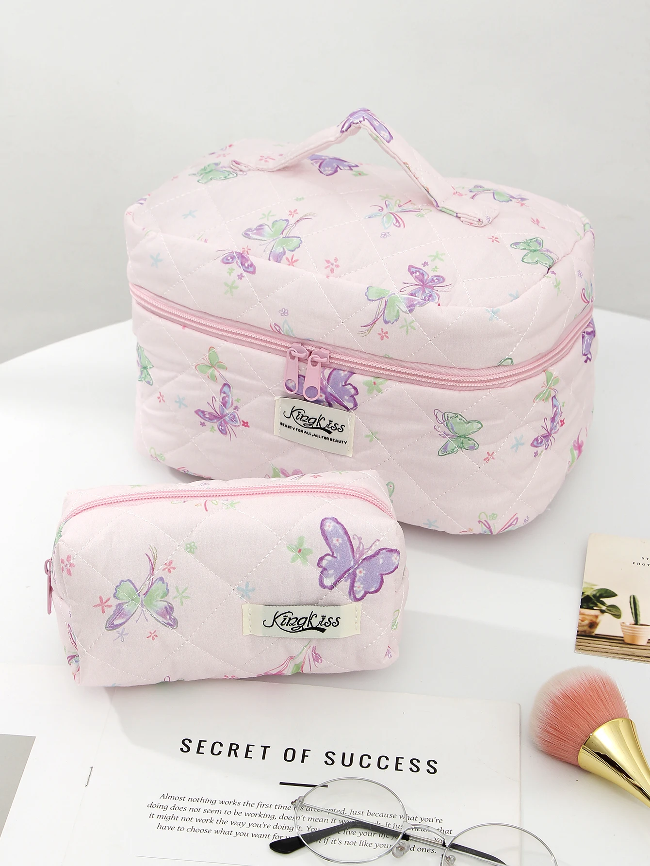 1pc/set butterfly quilted makeup bag, cute butterfly pattern design, large capacity makeup bag, travel storage makeup bag