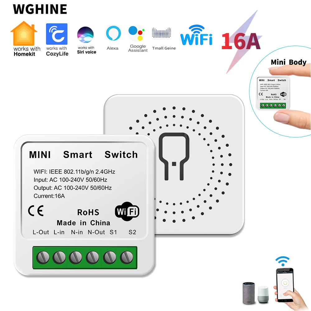 

WGHINE Homekit Cozylife WIFI Mini Intelligent Lighting Switch 16A DIY Bidirectional Remote Control Circuit Breaker Used in conju