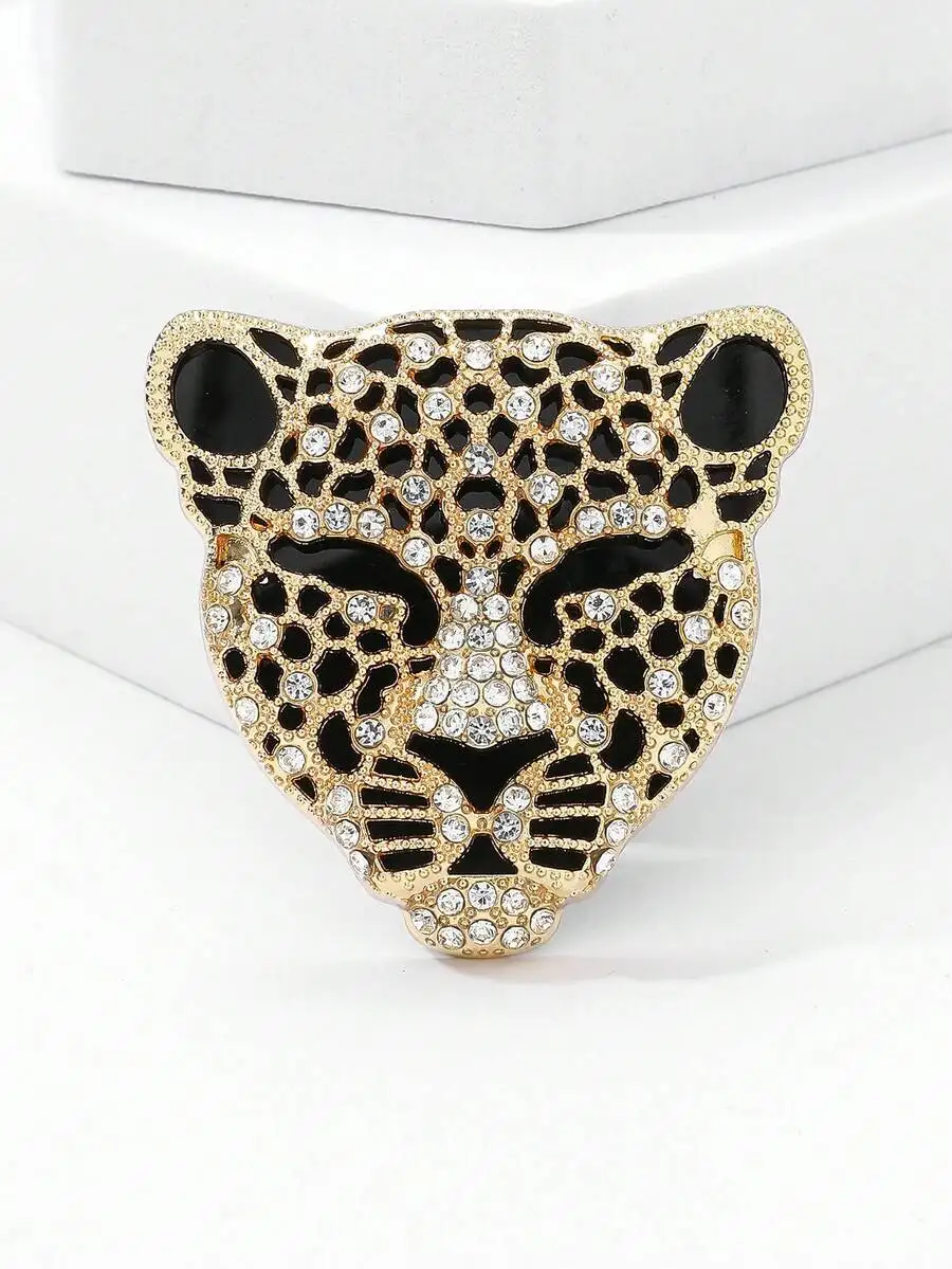Broche Colgante de Metal Dorado con Cabeza de Leopardo y Cristales Incrustados Negros, Broche de Cristal con Cabeza de Leopardo para Mujer, Elegante, Salvaje, Sexy y Lindo para Fiestas