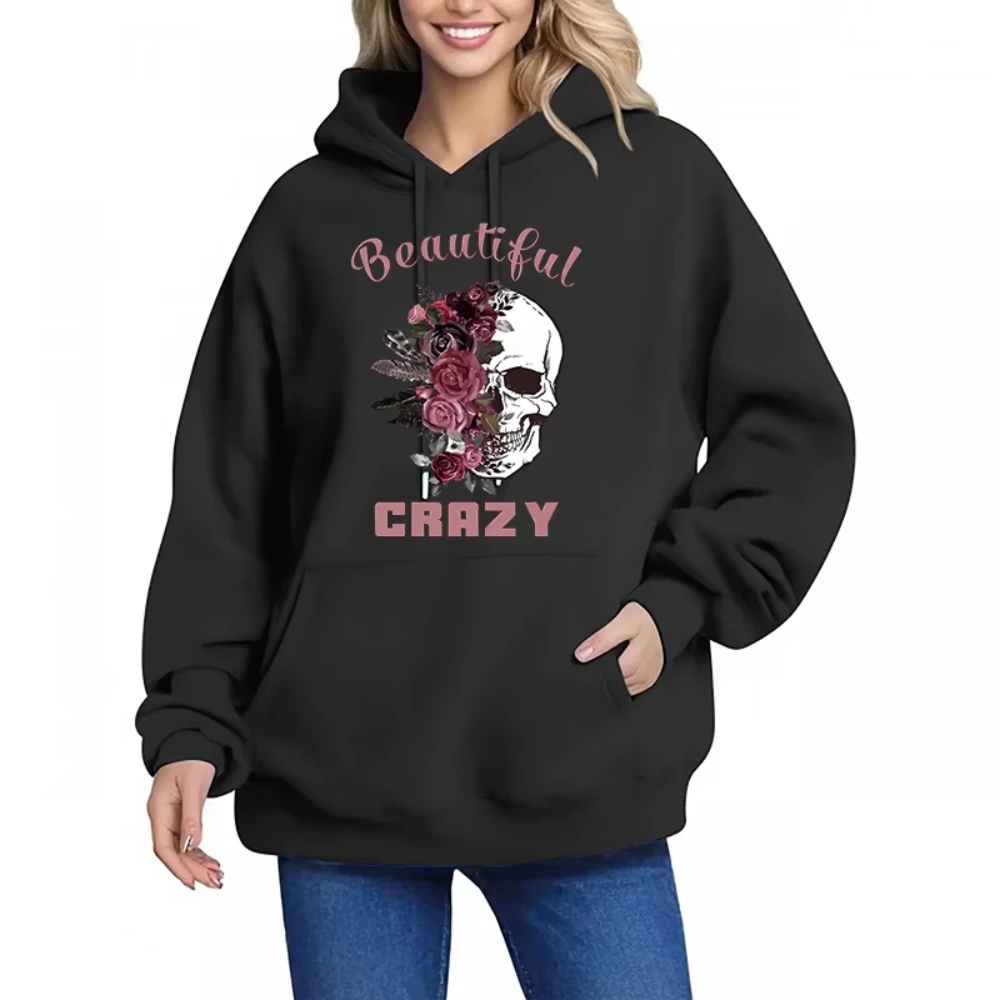 

Skull and Floral Print Kangaroo Pocket Black Hoodies Casual Long Sleeve Drawstring Hooded Sweatshirt Unisex Gothic Y2k Clothing