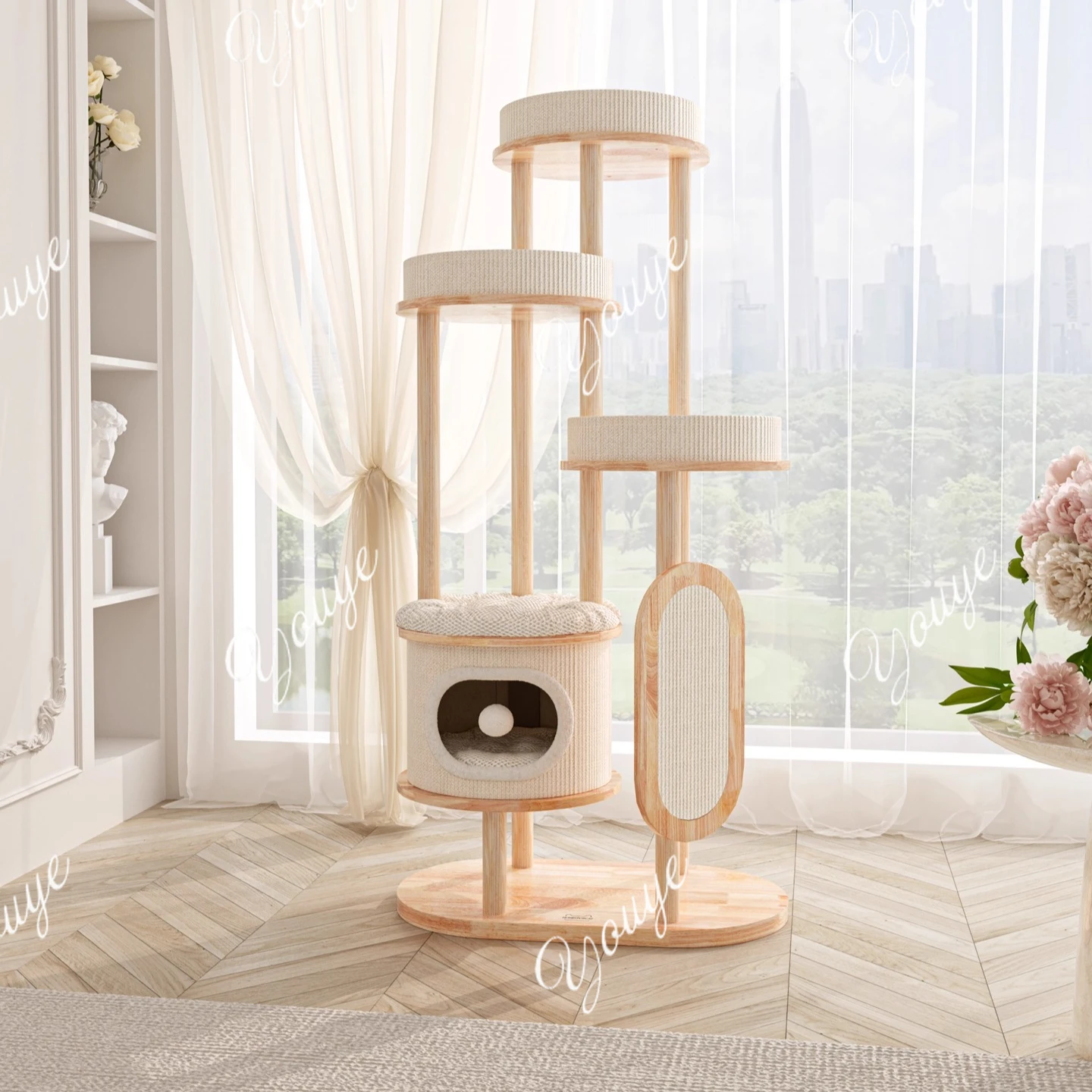 Cat climbing frame cat nest tree integrated solid wood pillar frame household rubber wood cat toy