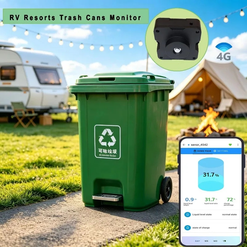 4G Ultrasonic Bin Level Sensor IoT Garbage Container Monitor Smart Trash Can Detection for RV Park Camping Site Waste Collection