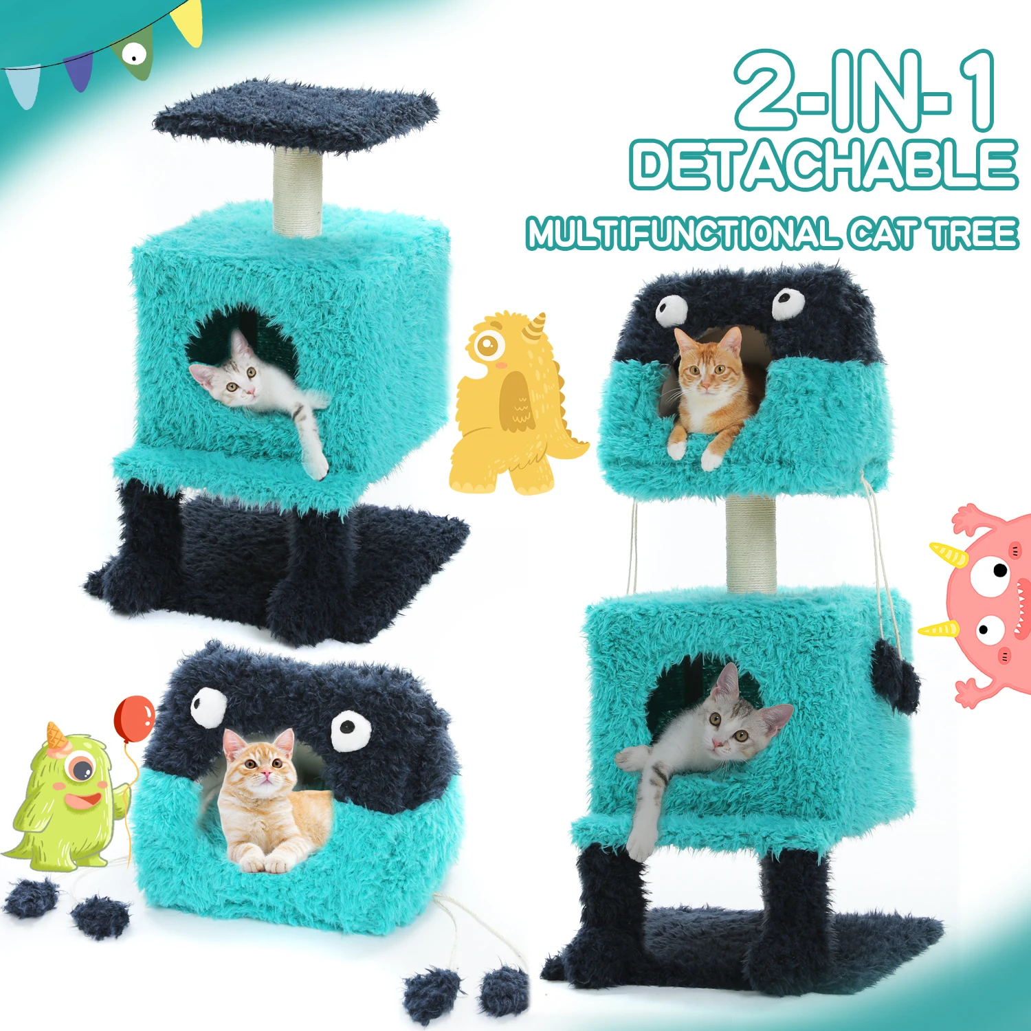 Multi-Level Cat Tree with Two Large Condo, Cat Scratching Posts, Cute Cat Tower for Indoor with Funny Eyes and Ears, Kitten Bed