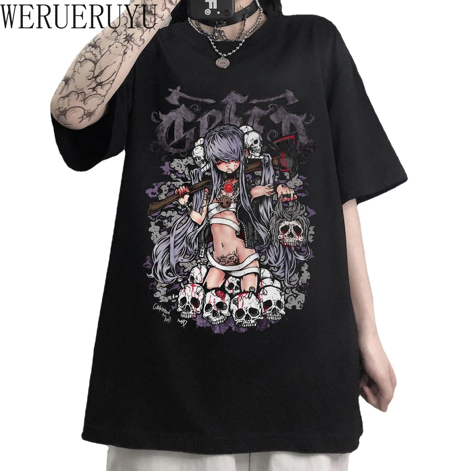 Camiseta estampada de Anime para mujer, Tops de manga corta Y2k, ropa estética, camisetas góticas de dibujos animados, Verano