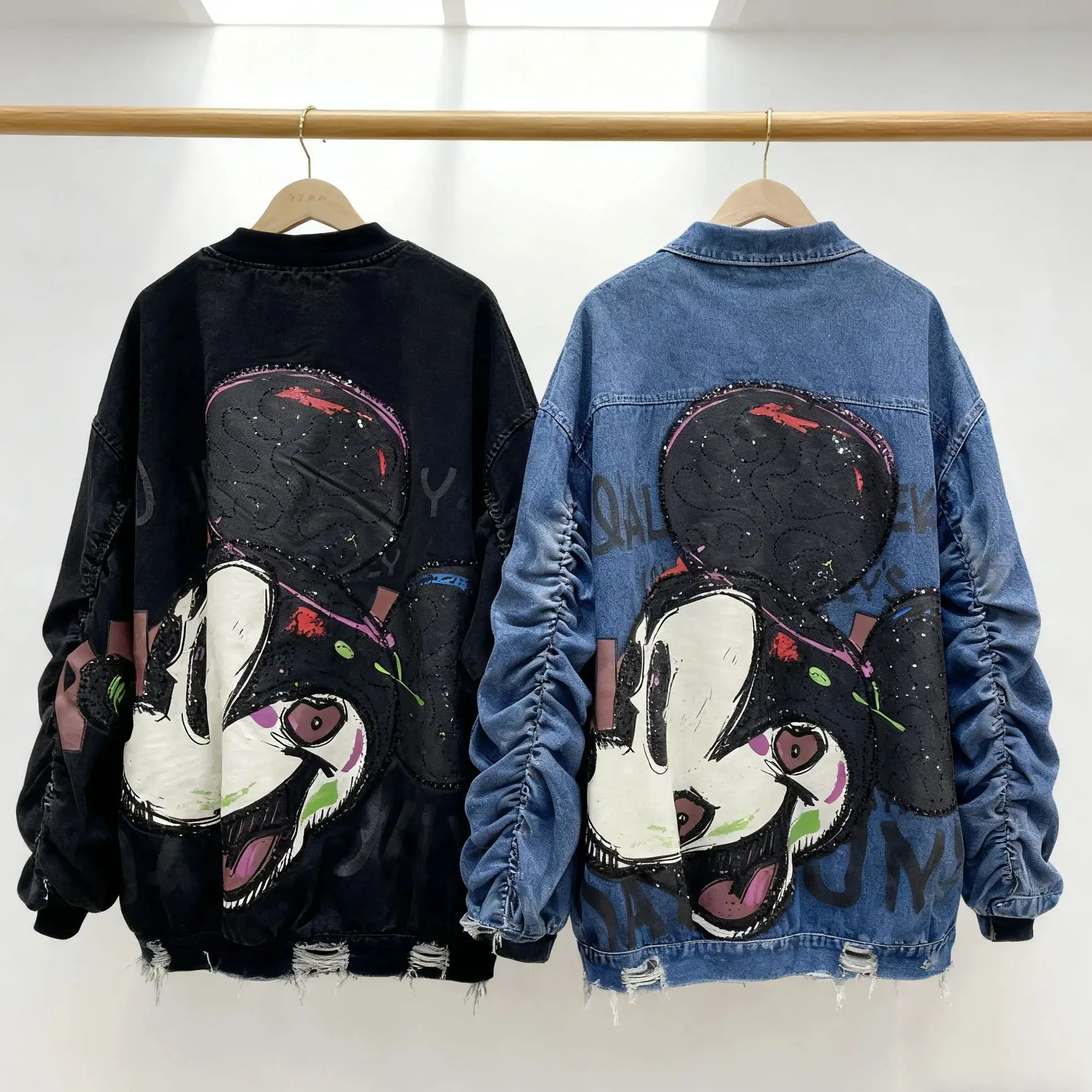 

Модная осенне-зимняя свободная женская джинсовая куртка с длинным рукавом средней длины с воротником-стойкой на молнии Толстовка с капюшоном Топ с блестками Микки Повседневное джинсовое пальто