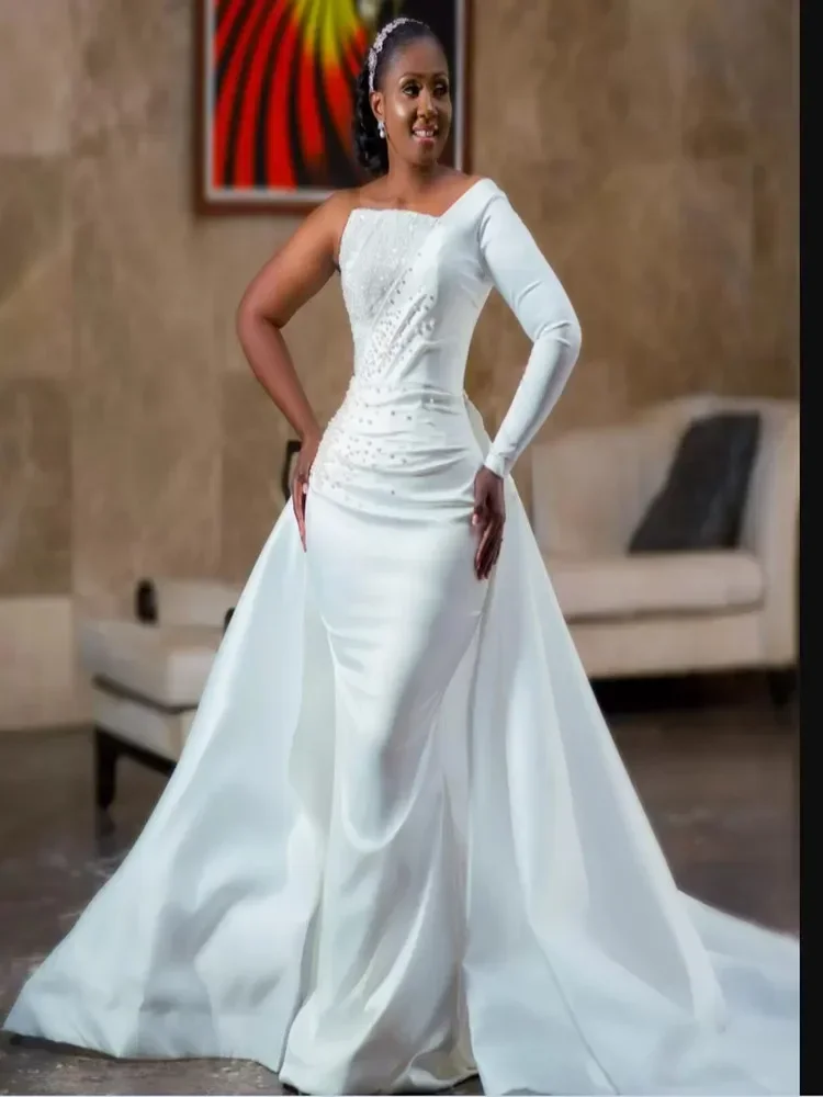 Personalizado uma manga comprida sereia vestido de casamento para noiva 2025 noiva luxo destacável trem cetim vestido de noiva africano