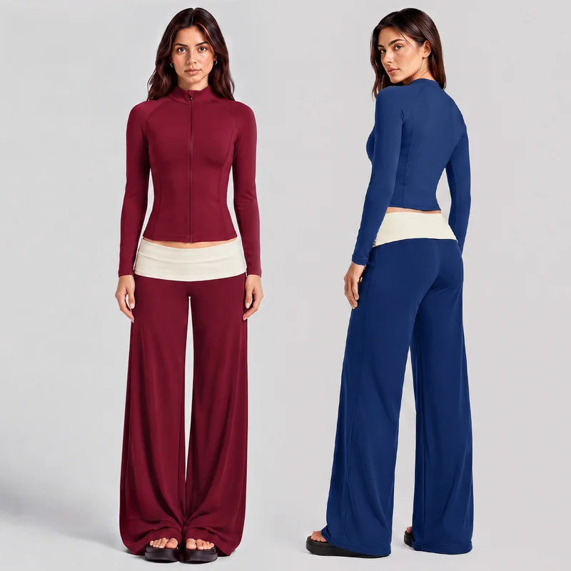 Women 2 Piece Yoga Fitness Set Stand Collar Full Zip Long Sleeve Jacket Contrast Fold Over Waist Wide Leg Pants Activewear