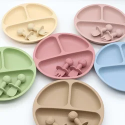 3pcs baby silicone tableware set, complementary food feeding plate, strong suction, cartoon short spoon fork, easy to grip