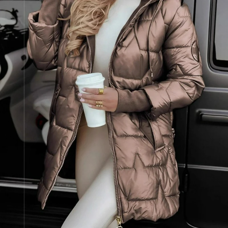 

Осень/зима 2026, новая женская модная однотонная куртка с капюшоном и длинными рукавами и карманами средней длины, с тремя молниями и капюшоном на хлопковой подкладке