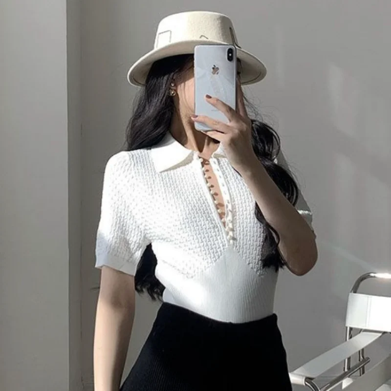 Knitted T-shirts for Women Solid Slim Fit Casual Cozy Beading Design Summer Short-sleeve All-match Korean Style Fashion Newly