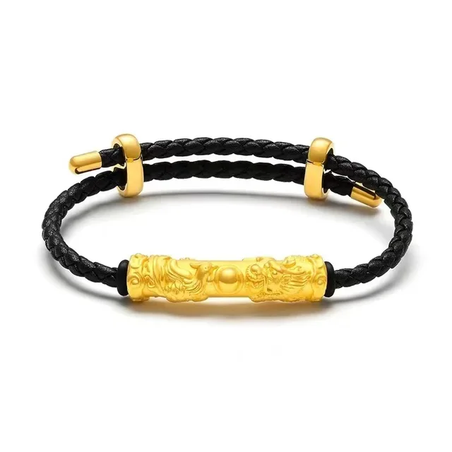 9999 real gold 24 K Dragon Phoenix Chengxiang bend pipe leather rope bracelet for men and women