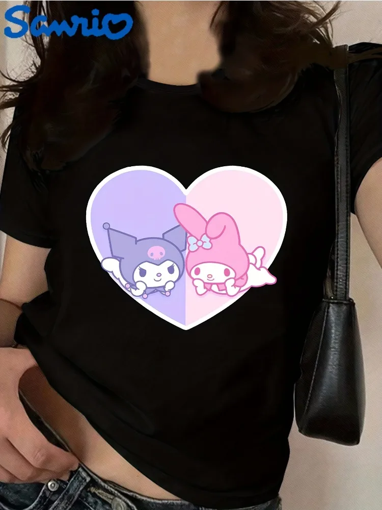 

Женская повседневная футболка Sanrio Hello Kitty and Melody Kurumi с милым мультяшным принтом и круглым вырезом, модный топ весна/лето