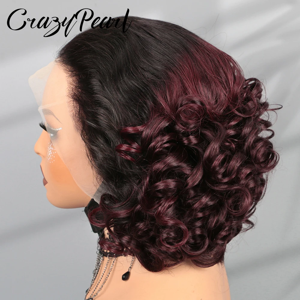 200% Density 13X4 Lace Frontal Loose Bouncy Human Hair Wigs Curly Frontal Human Hair Colored T1B/99J Short Wig for Black Woman