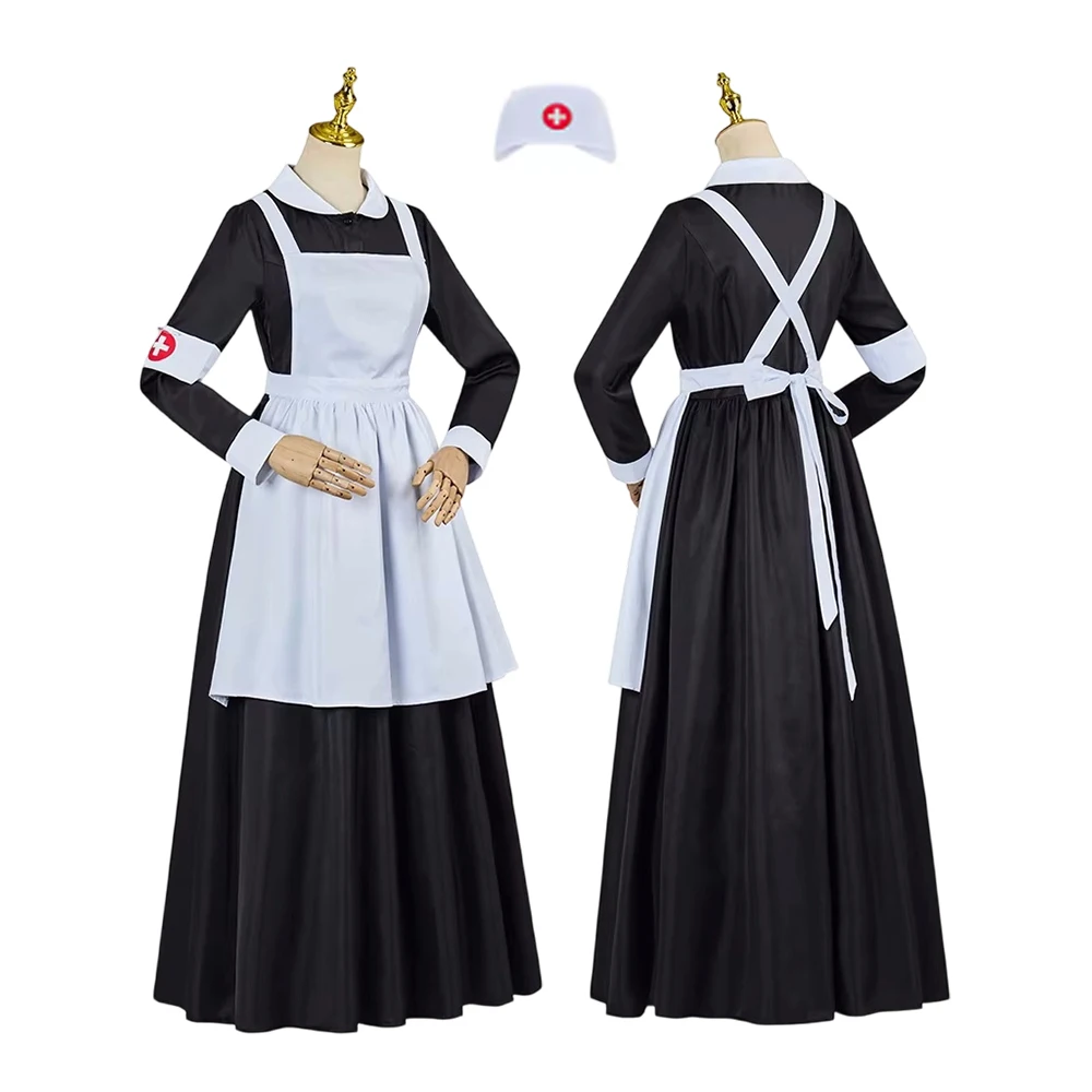 

Historical Victorian Colonial Civil War Nurse Maid Uniform Suit Women's Black Dress with Apron Halloween Carnival Party Cosplay