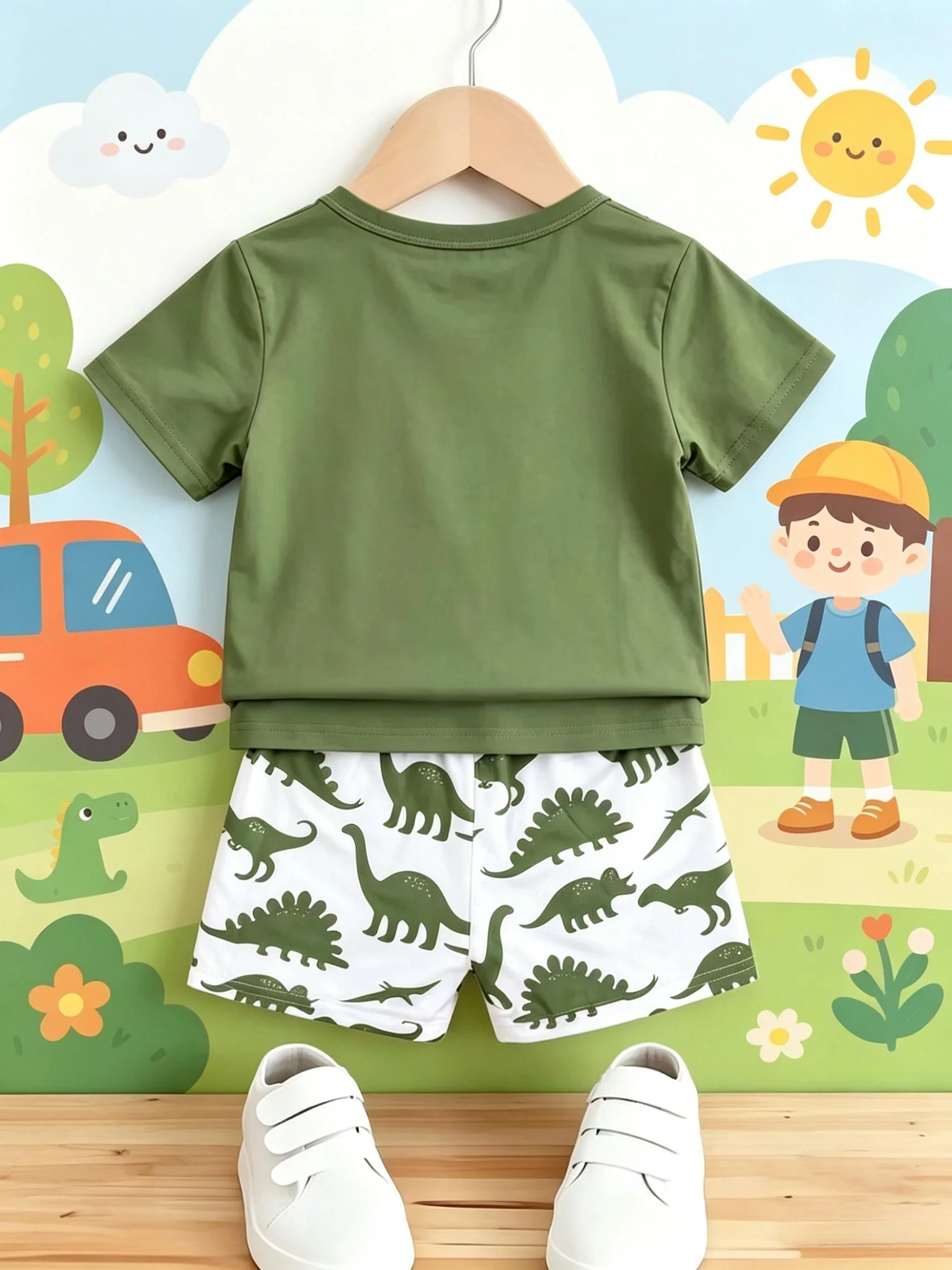 Fun Style Dinosaur Full Print Boys Short Sleeve Shorts Set Summer New Arrival