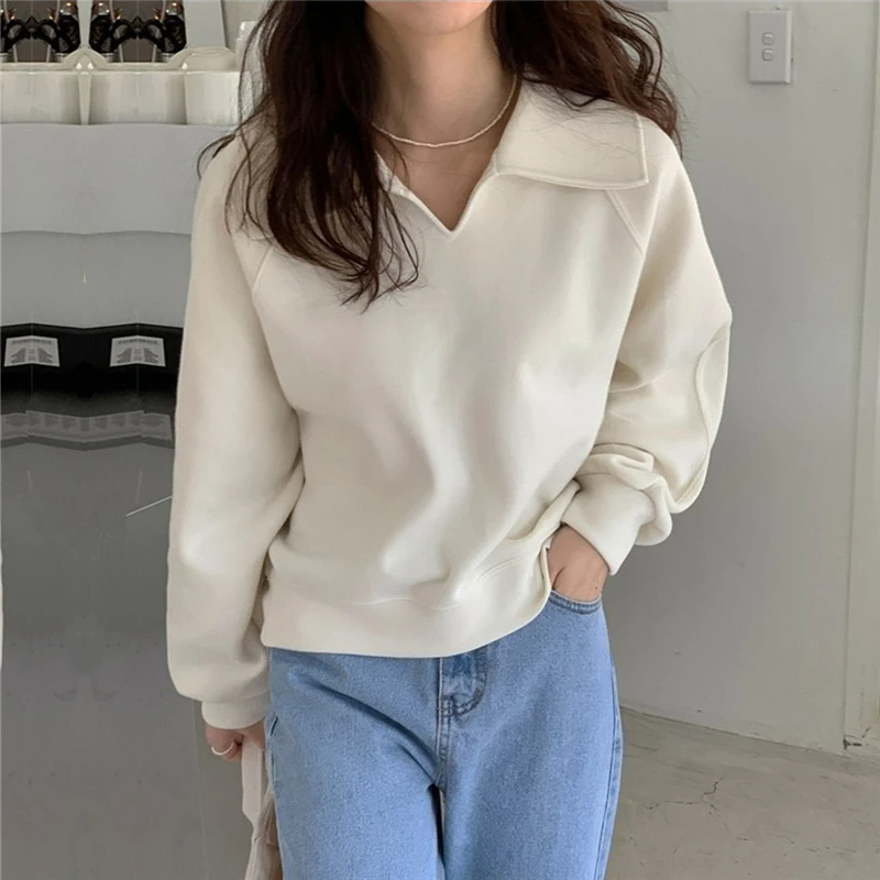 Polo Collar V-Neck Long Sleeve Pullovers Women 2024 New Loose Casual Solid Color Sweatshirts Ladies Korean Fashion Simplee Tops