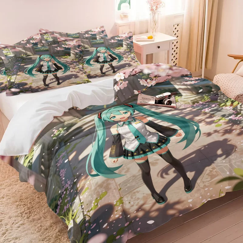 初音ミク-桜の花の庭布団カバーセット-アニメ寝具-枕カバー1～2枚付き-ゲームルーム-ティーンズベッドルーム装飾-ファンへのギフト