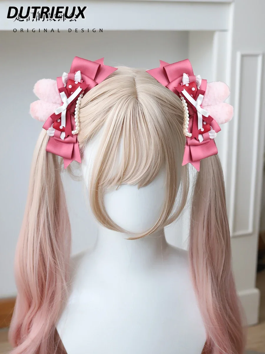 Japonês lolita arco artesanal orelha de coelho bandana doce e bonito menina rosa headwear duplo rabo de cavalo hairpin acessórios para o cabelo