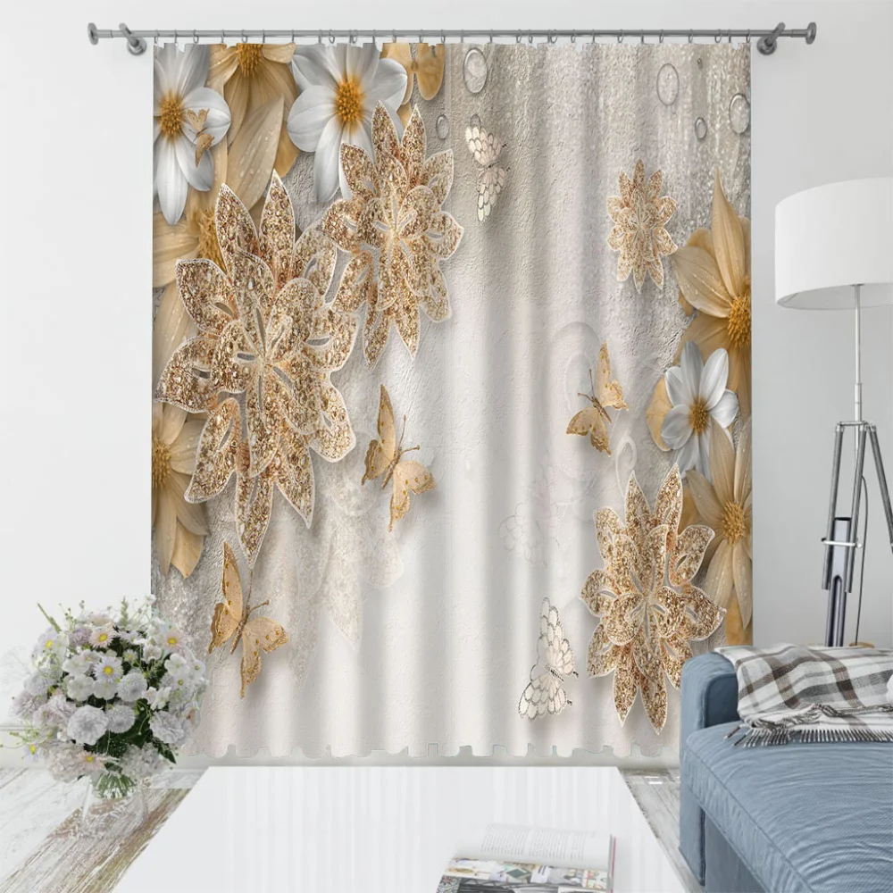 3D diamond Printed Golden Luxury Flower Wheat Ear Curtains for Kid's Bedroom Living Room Divider Curtain 2 Panel Blind