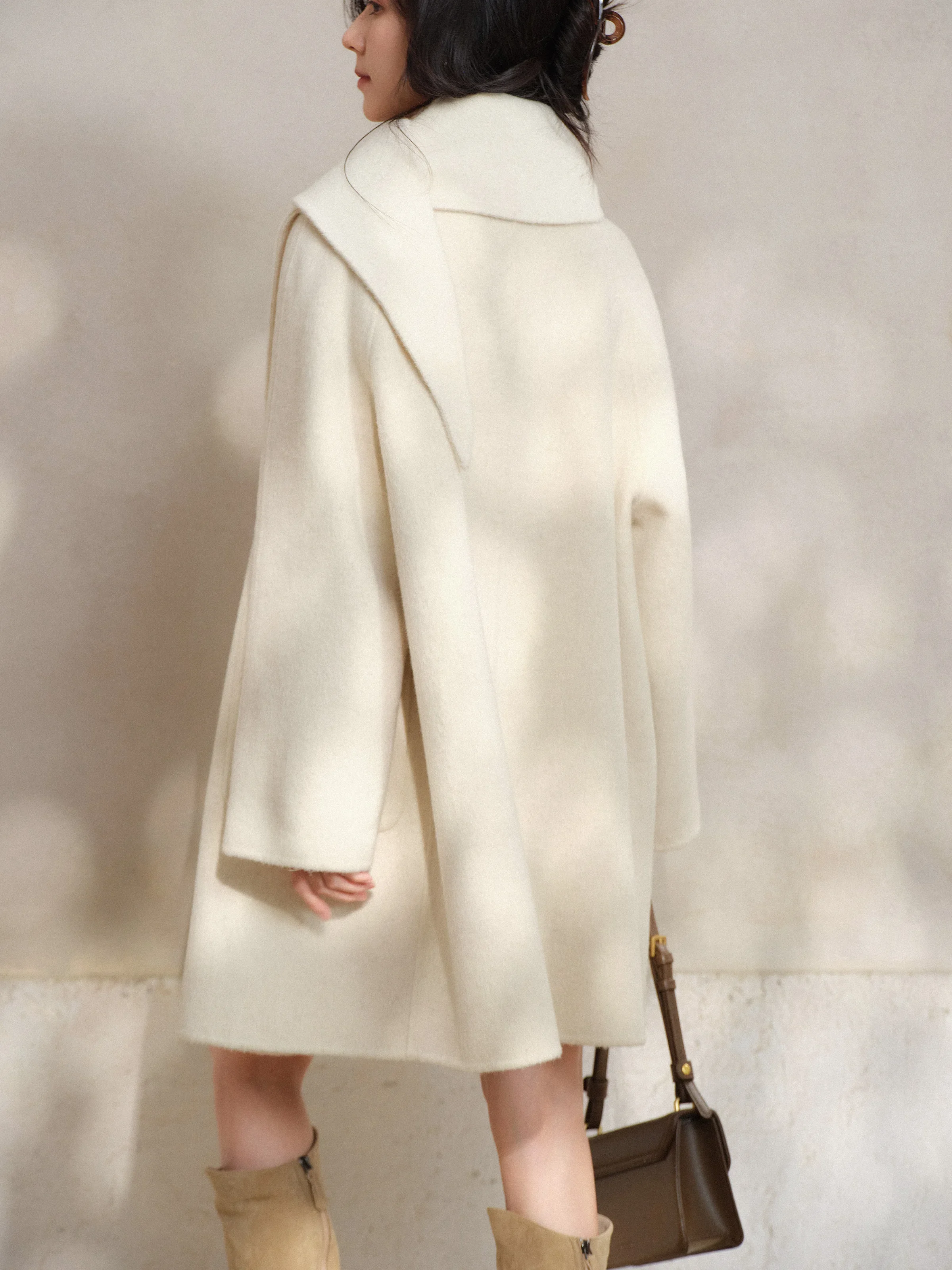 Wool Scarf Neck Coat for Women Lady Premium Double-Face Overcoat Warm Soft Long Jacket Elegant Chic Winter Fashion Outerwear