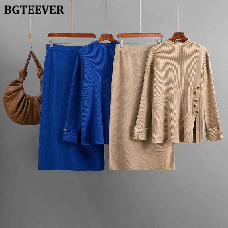 

BGTEEVER Autumn Winter Warm Loose Women Sweaters Outfits O-neck Split Buttons Pullovers & Knitted Skirts Ladies Sweater Set