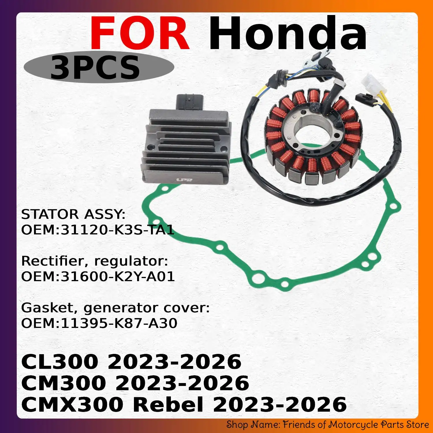 Stator &Regulator Rectifier &Generator Cover Gasket Kit For Honda CL300 CM300 CMX300 Rebel 2023‑2026 Motorcycle Electrical Parts
