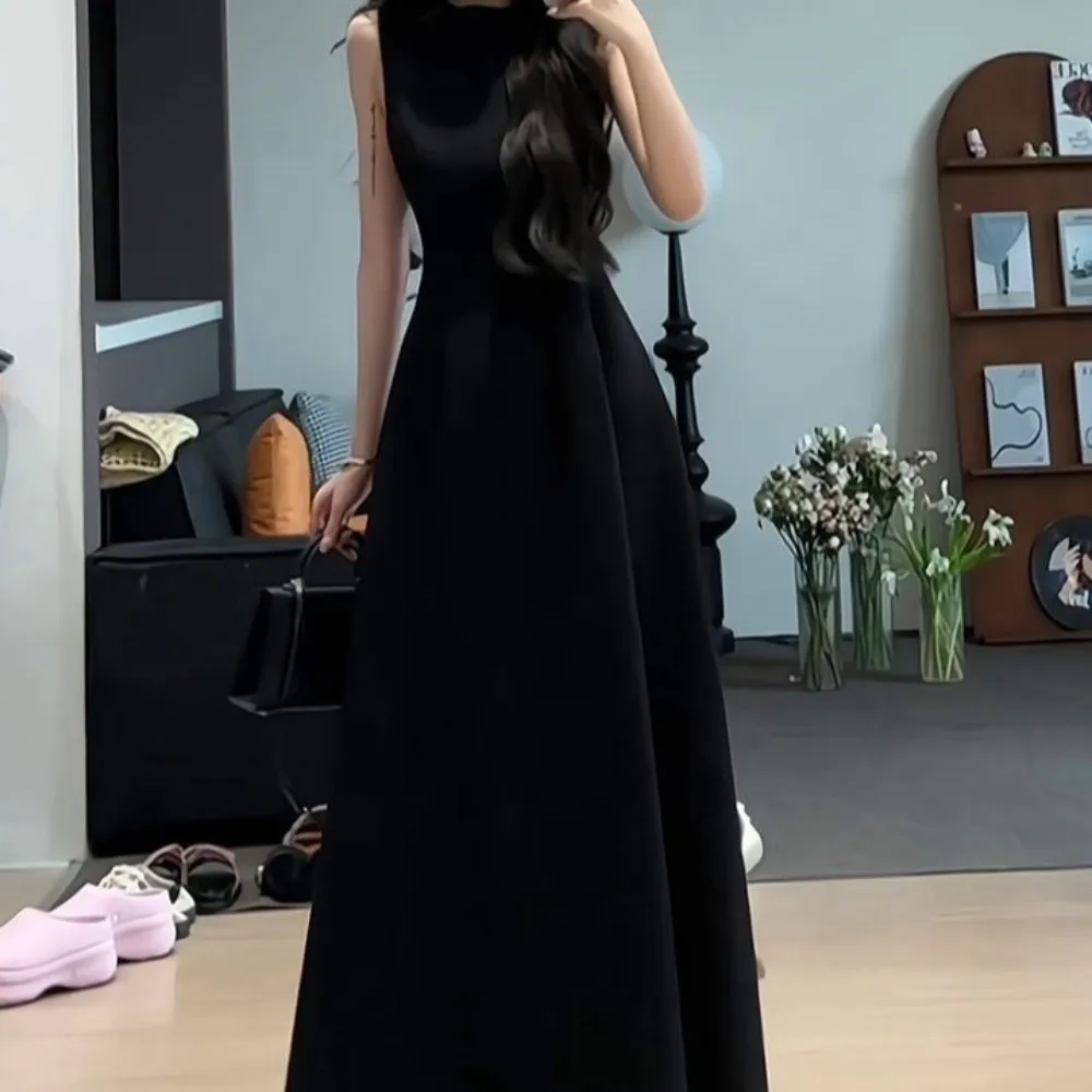 U Neck Sleeveless Long Dress Sleeveless Vest Temperament Solid Color Long Skirt Long A-line Women Korean Dress Spring Autumn