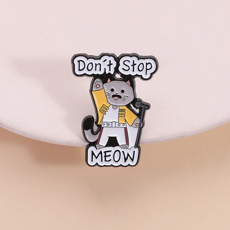 Don't Stop Meow Enamel Pin Freddie Lead Vocals Singer Cartoon Cat Brooches Lapel Backpack Badge Jewelry Gifts for Fans Friends