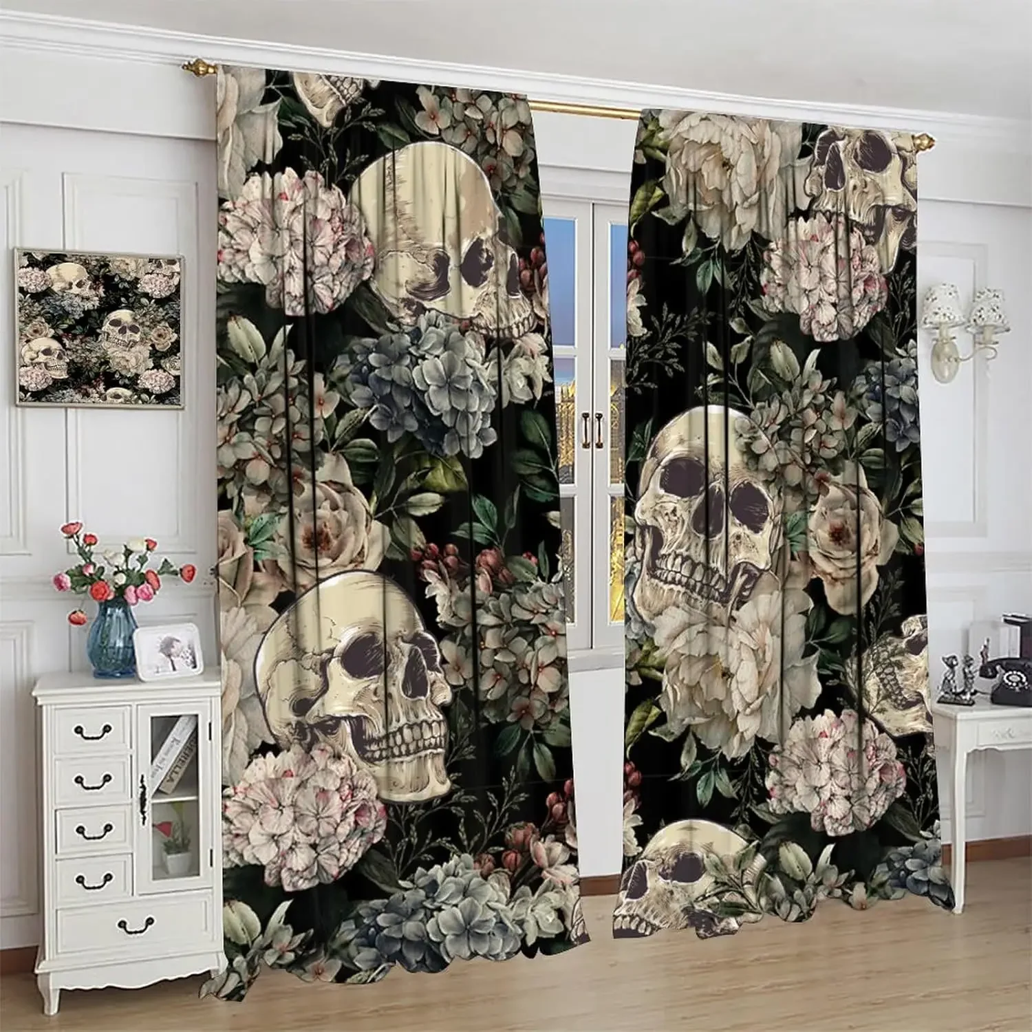 Flower Skull Blackout Curtains Vintage Halloween Scary Spooky Gothic Floral Leaves Botanical Aesthetic for Bedroom Living Room