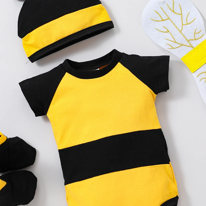 Baby Bee Costume Infant Baby Romper + Beanie Hat + Wings + Socks Bee Cosplay Costume Halloween Holiday Outfits