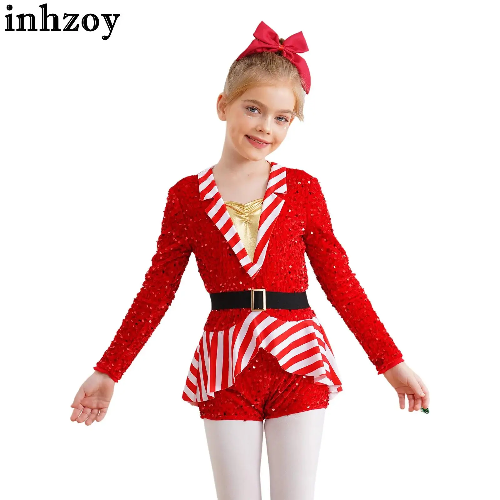 

Girls Christmas Boycut Bodysuit Long Sleeve Sequins Stripes Gymnastics Leotard Figure Skating Dance Santa Candy Cane Costume