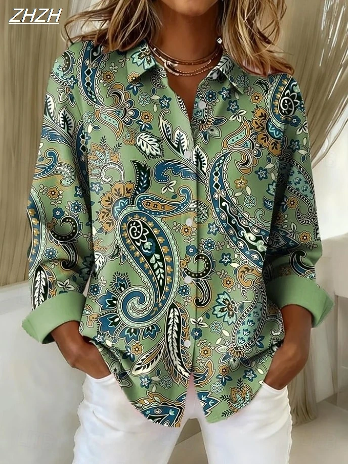 

Женские рубашки в стиле ретро, блузка с цветочным рисунком, геометрическая богемная винтажная повседневная рубашка с длинным рукавом и воротником, обычные топы, осень-зима