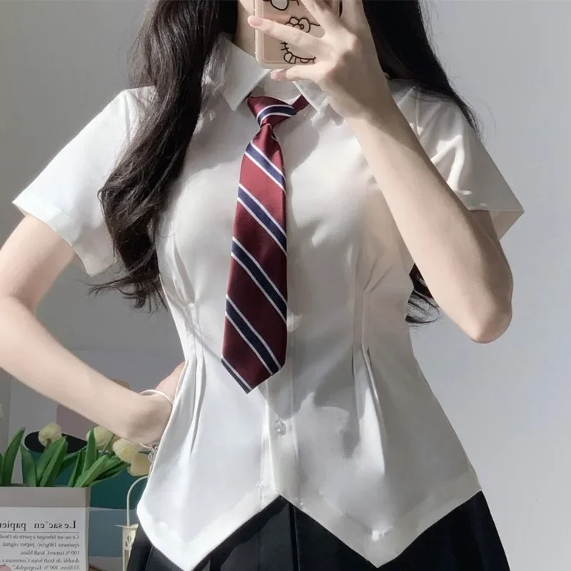 여성용 긴팔 턴다운 칼라 블라우스, 한국 프레피 스타일 화이트 셔츠, 여학생 유니폼, 학생 슬림 셔츠, 2024