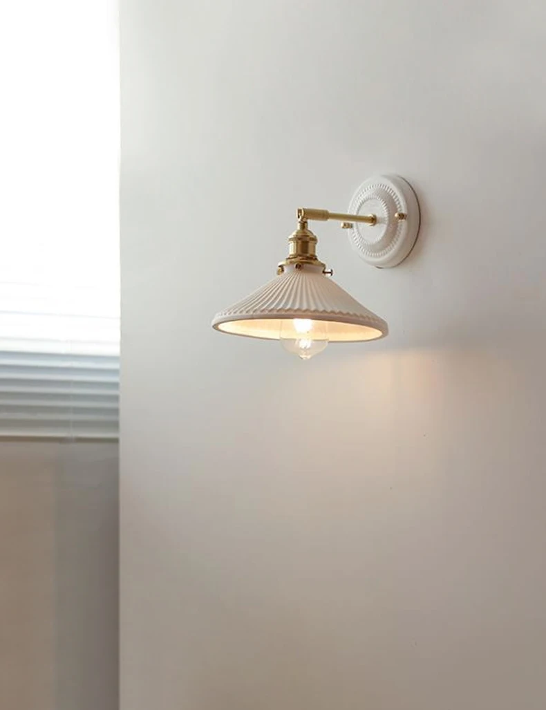 Vintage Ceramic Wall Sconce Lamp with Brass Arm Handcrafted Porcelain Hardwired Wall Lighting Fixtures Hallway Bedside Vanity