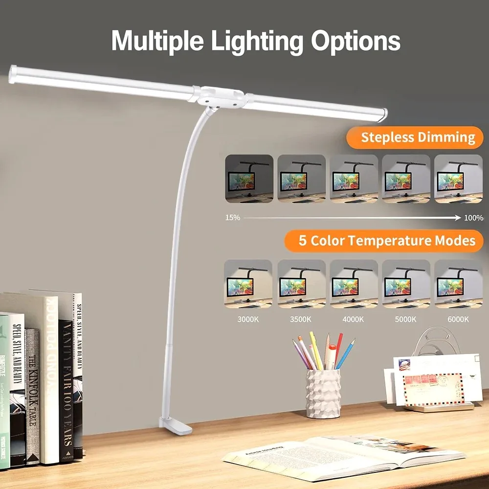 Lámpara de escritorio con Clip LED de doble cabezal, lámpara de mesa de arquitecto para iluminación de oficina en casa, 3 modos de Color y 10 lámparas de escritorio regulables con protección ocular