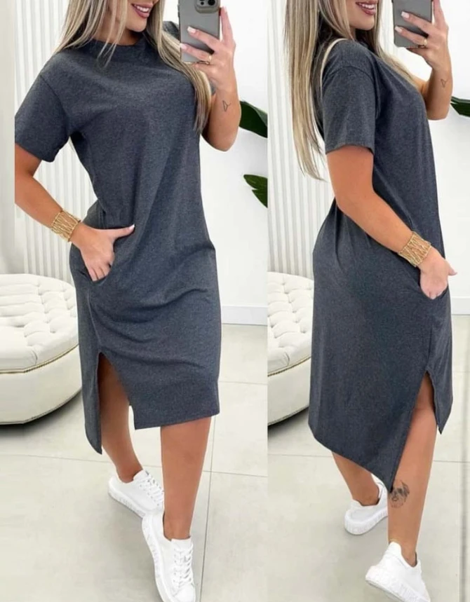 

Women's Dress Summer Daily Casual Normal Solid Round Beck Short Sleeved Side Slit Pocket Design Asymmetrical Straight Midi Dress