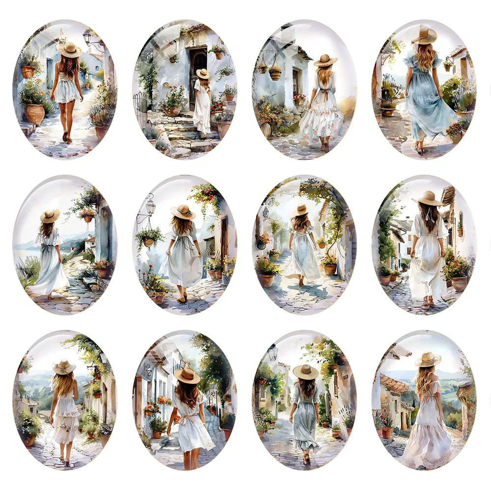 Random Mixed Round/Oval/Square Mediterranean Town White Dress Lady Photo Glass Cabochon Flatback Demo Cameo For Jewelry Making