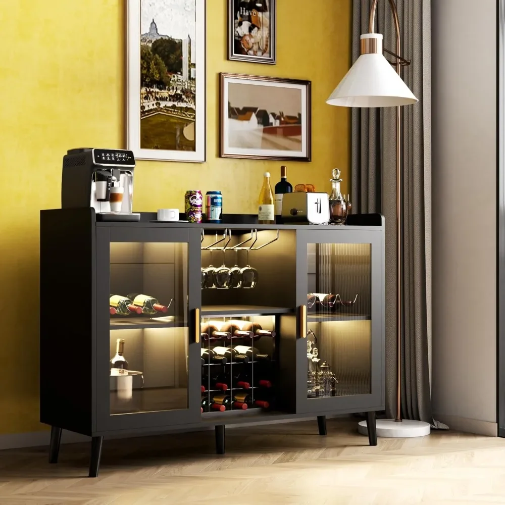 Wine Cabinets with LED Light Bar Utility Shelves Coffee Buffet Sideboard with Storage for Freestanding Wood Sideboard