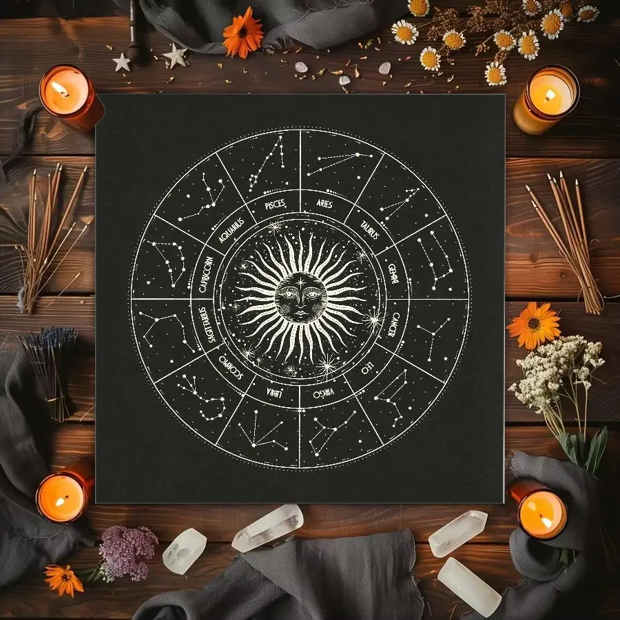 VIKAMA Zodiac Wheel Altar Cloth Black Gold Astrology Star Chart Tarot Table Mat Divination