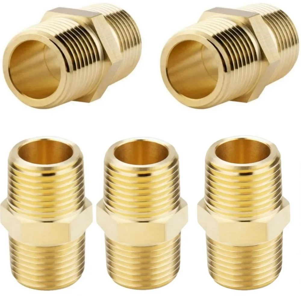 

5pcs Brass Hex Nipple Pipe Fittings 1/2 Male x 1/2 NPT - Durable Locking Thread Adapters Shower,