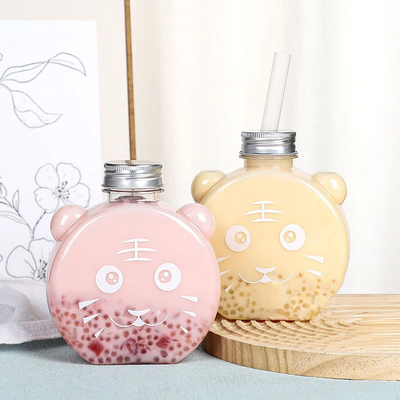 450/500ml Tiger Plastic Milk Tea Juice Bottles Beverage PET Water Bottle Cartoon Bear Bottles Disposable Takeaway Bottles Lids