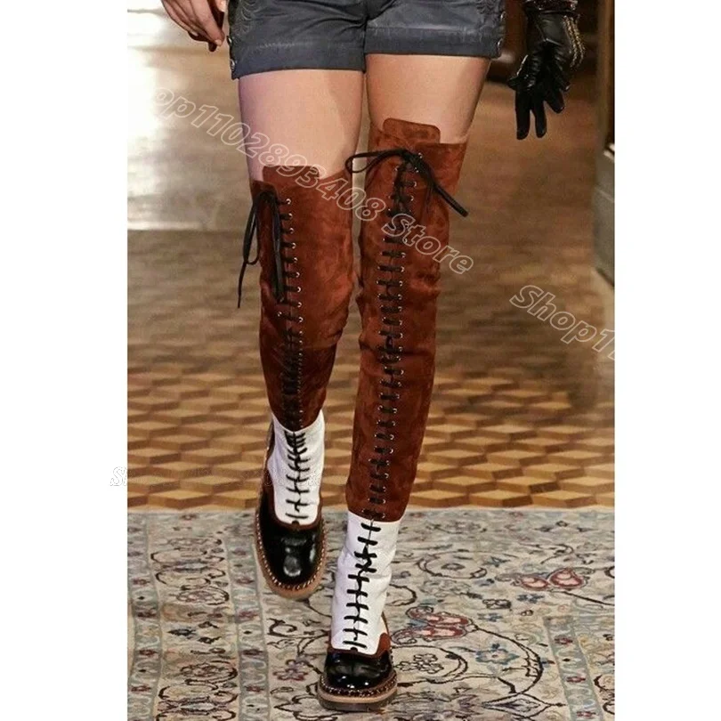 Mixed Patchwork Design Over Knee Boots Lace up British Style New Stylish Design for Women Casual Shoes 2024 Zapatos Para Mujere