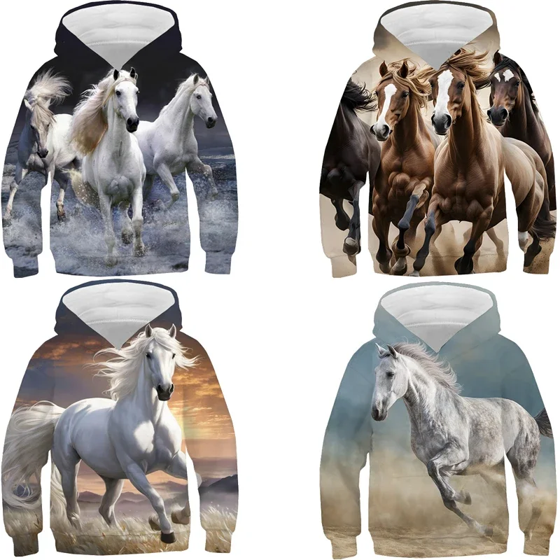 

Толстовка с капюшоном «Бегущая лошадь», детский пуловер с длинными рукавами, толстовка в стиле Харадзюку для мальчиков и девочек, осенне-зимняя детская одежда, повседневные топы с капюшоном