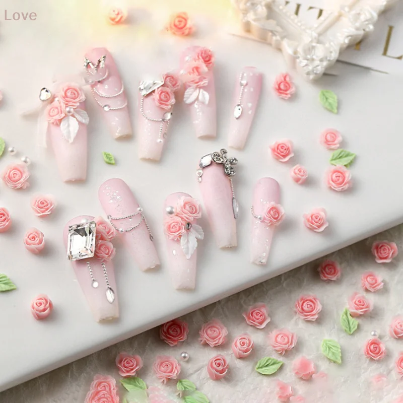 [L & P] 50 قطعة ثلاثية الأبعاد حجم 6/7/8 مللي متر اللؤلؤ الراتنج زهرة ارتفع مسمار السحر اكسسوارات الوردي الوردي الأحمر مسمار الفن الفاخرة الديكور لوازم DIY بها بنفسك