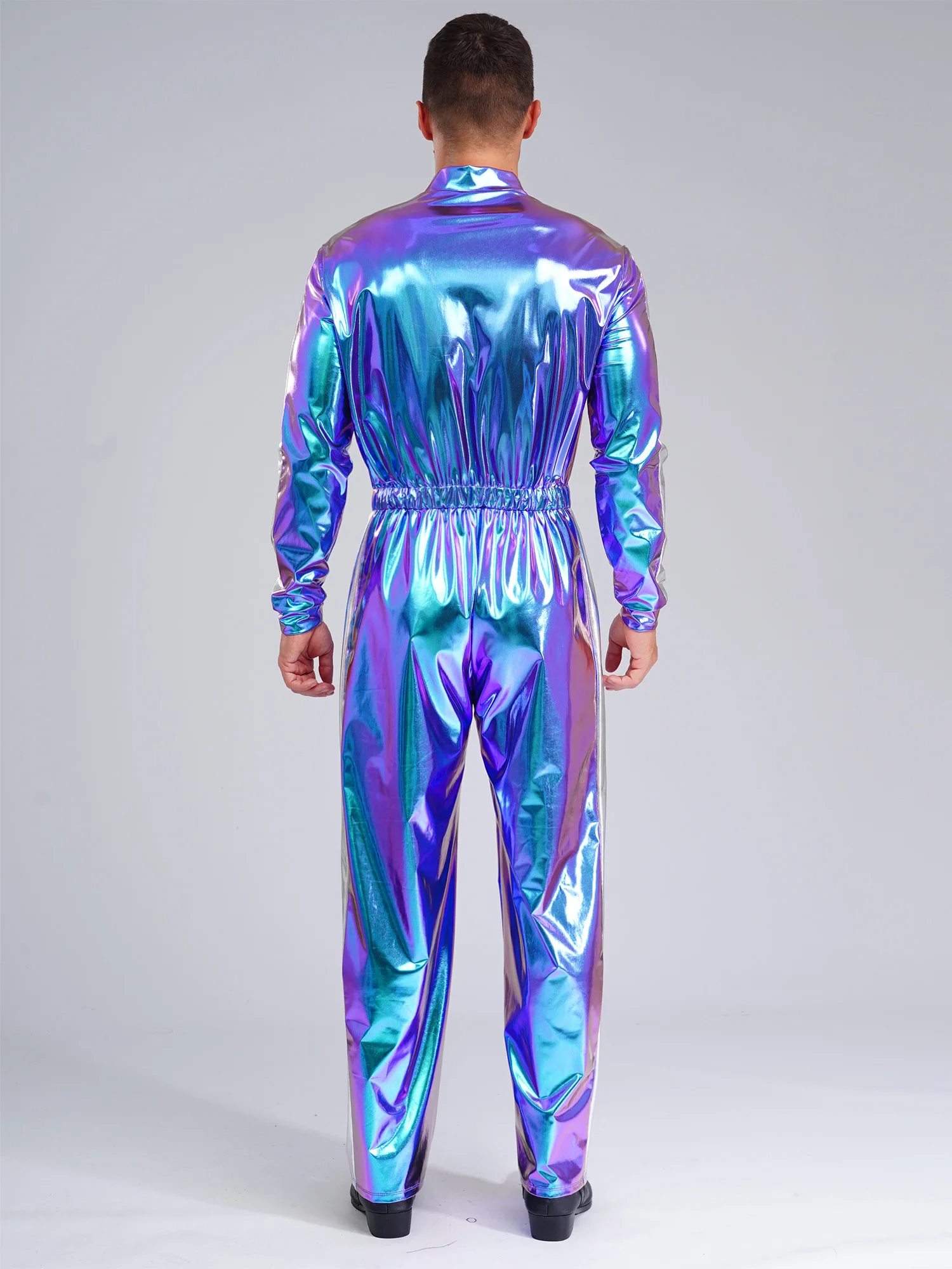 Body métallique brillant pour hommes, manches longues, taille élastique, bloc de couleur, vêtements de travail, combinaison longue, mode tenue décontractée, Club de fête